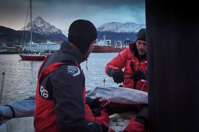 Onboard Dongfeng Race Team - Martin Stromberg and Eric Peron working on a sail in Ushuaia - Leg five to Itajai -  Volvo Ocean Race 2015 © Yann Riou / Dongfeng Race Team